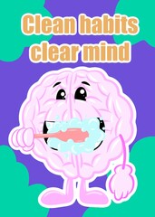 brain brush teeth cute brain cartoon style illustration
