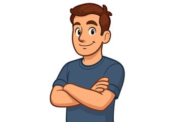 Confident man with arms crossed. Friendly smiling young guy cartoon character. Male person with a positive expression and folded arms. Vector illustration for business or web.
