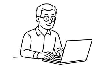 Man working on laptop computer outline vector. Businessman character for web design, apps. Freelancer programmer at work. Office employee typing on keyboard cartoon illustration.