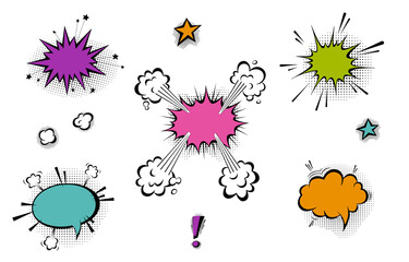 Speech bubbles with halftone shadows in cartoon, comic style.