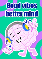 brain enjoy music cute brain cartoon style illustration