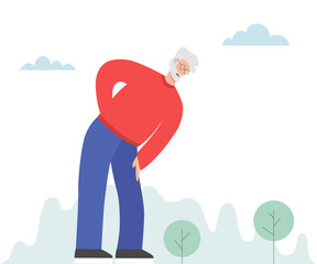 Man holding hand on lumbar spine, lower back pain.