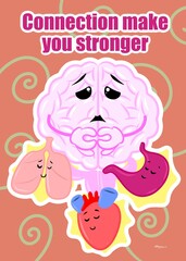 brain lug heart and gut unite cute brain cartoon style illustration