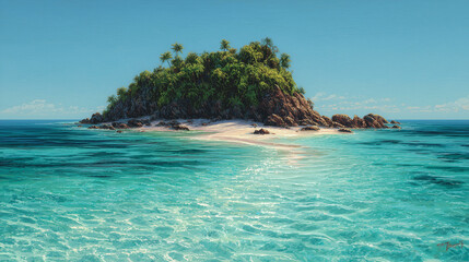 Fototapeta premium An island rises in clear water, surrounded by vibrant blue waves and trees. Palm trees cover the island with dense greenery visible atop the island. Sandy beaches line the island, meeting the tropical