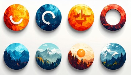 Captivating collection of modern circular icons, blending stylized natural landscapes with abstract elemental symbols and dynamic refresh motifs