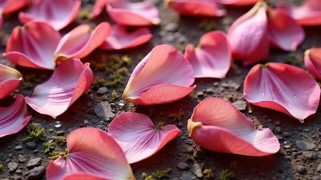 Delicate pink rose petals with dew drops scattered on natural ground, evoking a serene, romantic, and fresh atmosphere for beauty and nature projects.