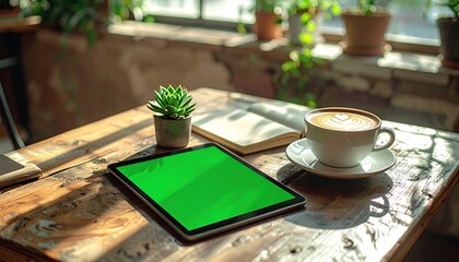 Fototapeta premium Relaxing Cafe Atmosphere Tablet Mockup with Green Screen and Coffee