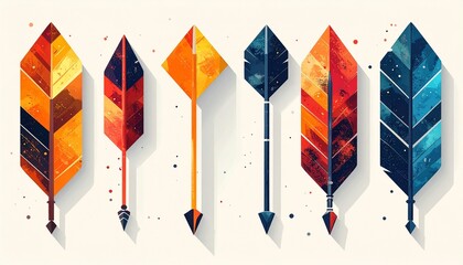 Artistic array of six colorful and stylized feather illustrations, showcasing vibrant hues and modern geometric designs, perfect for decorative and symbolic themes