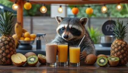 A raccoon sits at a wooden bar surrounded by tropical fruits. Three colorful drinks are in front of it, including a smoothie and orange juice. The setting is vibrant and lively.