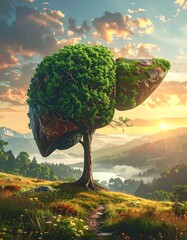 A tree shaped like a liver growing in a landscape at sunrise