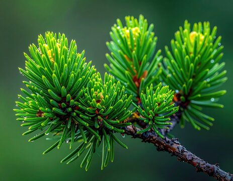 Close Up of Green Larch Branch with Yellow Buds and Water Droplets on Forest Floor