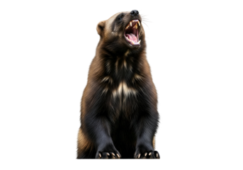 A focused image of a wolverine, with a fierce expression, against a plain black background.