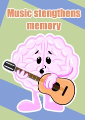 brain playing guitar cute brain cartoon style illustration