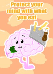 brain defend it self from junk food cute brain cartoon style illustration