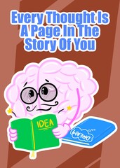 brain read bunch of book cute brain cartoon style illustration