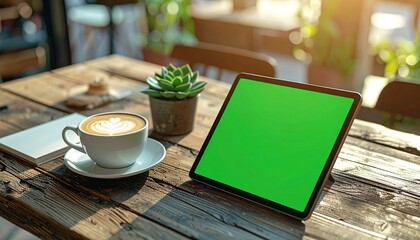 Digital tablet with a green screen for mockup on a rustic wooden table during a morning coffee break in a sunlit cafe