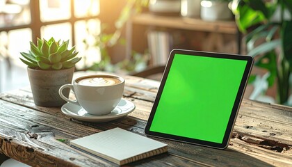Cozy Workspace Coffee, Tablet, and Succulent on a Rustic Wooden Table with Sunlight