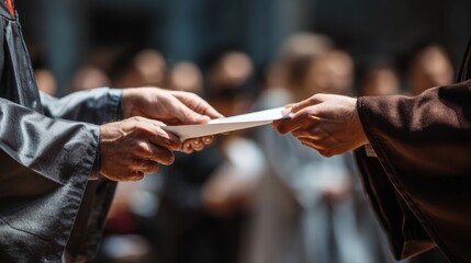 Graduation ceremony handshake with diploma exchange