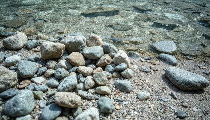 A close-up view of smooth pebbles on a sandy shore beside clear water. The scene captures the natural beauty of a tranquil lakeside environment.