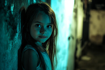 Obraz premium Generative AI image of a little girl with long hair walking along a narrow cobblestone alley in an old quiet city district