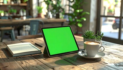 Digital tablet with a blank green screen on a rustic wooden table in a sunlit coffee shop, perfect for mockups and presentations