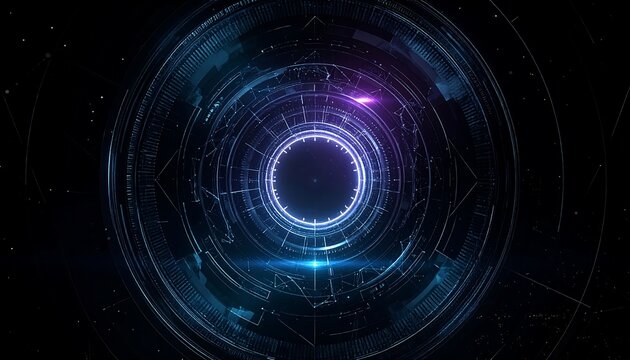 An ethereal, circular, technological design with concentric rings radiating from a dark central core, illuminated by blue & purple light