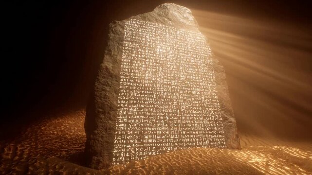 Ancient Hieroglyphic Stone Tablet Illuminated by Dramatic Sunbeams in Desert.