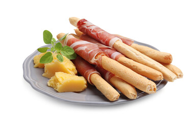 Grissini breadsticks with prosciutto and cheese isolated on white