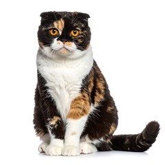 A tricolor cat sits centered against white