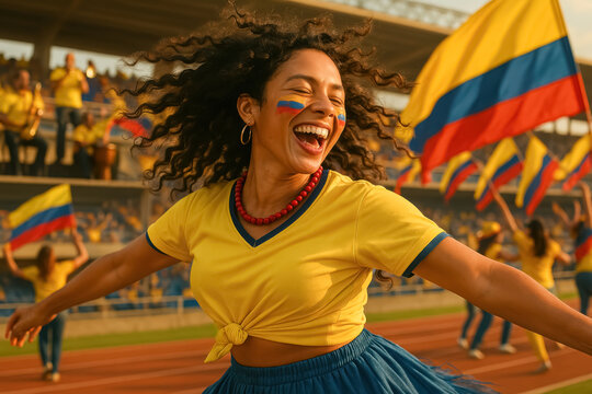 Joyful Colombian woman dancing with flag at soccer stadium