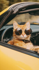 Cool Cat on a Road Trip: An orange cat, sporting stylish sunglasses, enjoys a leisurely drive in a bright yellow car, epitomizing laid-back luxury and feline sophistication.