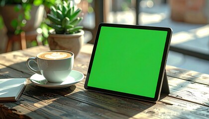 Digital tablet with a vibrant green screen mockup rests on a rustic wooden table beside a steaming cup of coffee in a sunlit outdoor cafe setting, perfect for your custom content display