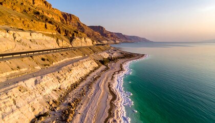 Dead Sea Coastline Aerial View Landscape.