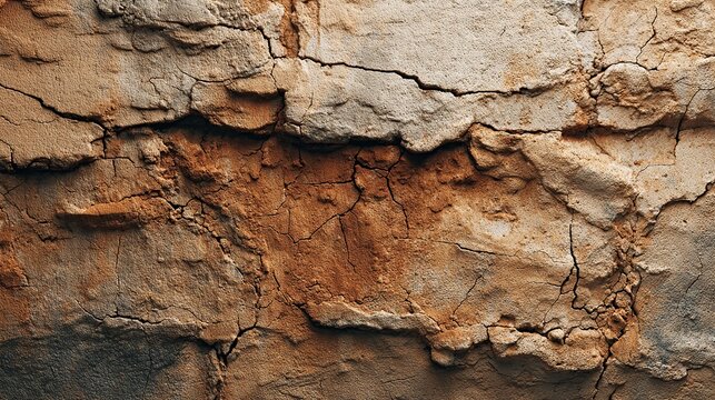 Cracked, layered stone wall with textures and earthy tones, detailed close-up