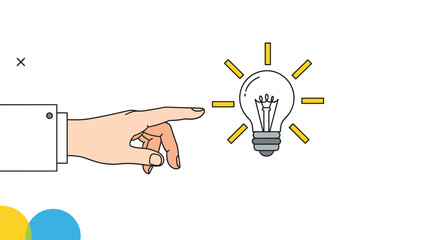 A hand is pointing at a lightbulb representing an idea occurring.