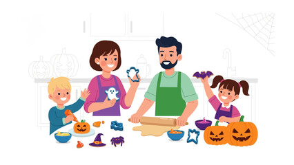 Halloween Family Baking: A family shares joyful moments while preparing festive cookies during Halloween.