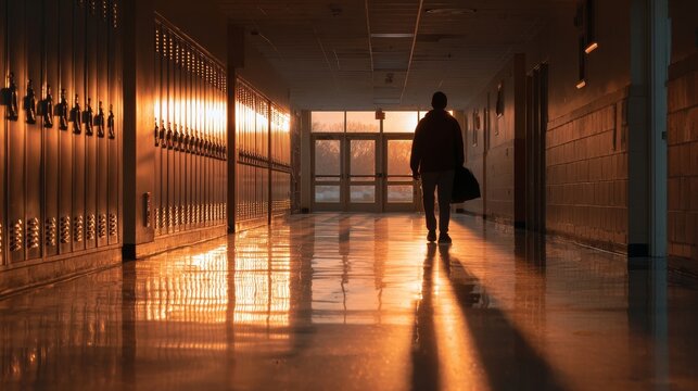 Silhouette of male walking in sunset-lit school hallway with lockers - Powered by Adobe