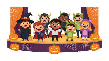 Halloween Kids Show: A group of adorable children dressed in imaginative costumes stands on stage in front of a spooky curtain, as jack-o'-lanterns glow during the Halloween season.