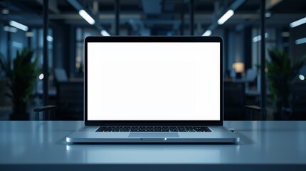realistic laptop mockup on a clean modern desk, screen showing a minimal landing page layout blank placeholders, no text, blurred office background, glowing blue, black, white gradient