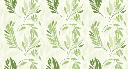 A repeating pattern of light green leaves and branches in a subtle botanical design.