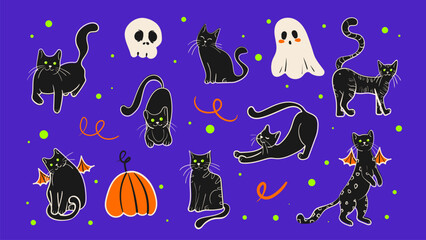 Black cat doodle vector set. Halloween stickers with skull, pumpkin and cat in different poses. Isolated vector illustration.