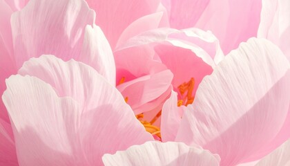 Close Up of Soft Pink Peony Flower with Delicate Petals and Yellow Stamens in Gentle Light