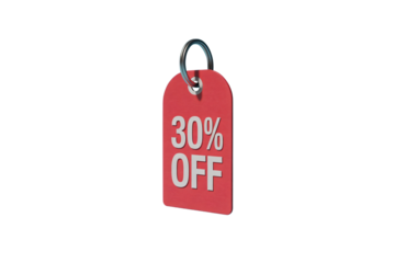 Red tag displaying thirty percent off for a limited time promotional sale event on transparent background