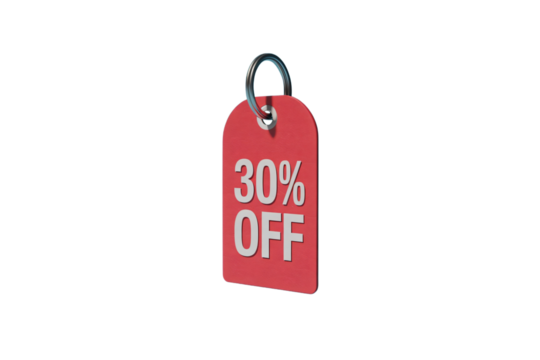 Red tag displaying thirty percent off for a limited time promotional sale event on transparent background