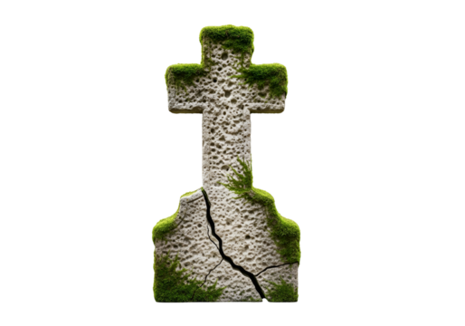 Weathered stone cross, covered in vibrant moss, with a visible crack, set against a stark black backdrop, evokes a sense of time and decay.