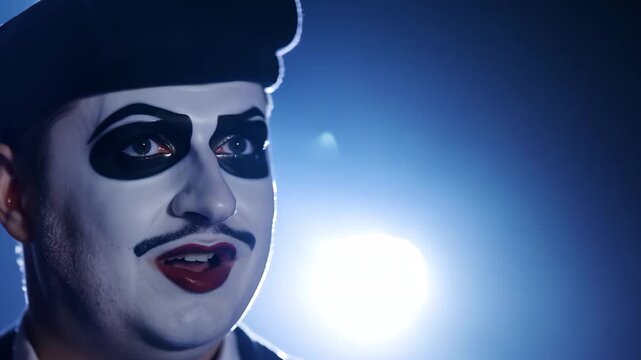 closeup of mime artist with face painted in monochrome makeup, wearing black beret, illuminated by dramatic stage lighting. concept of theatrical performance. theater promotion, entertainment