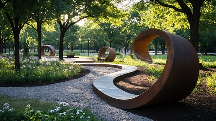 Modern City Park with Sculptures and Walking Paths – Urban Landscape Design