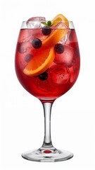 Vertical banner, wallpaper for social media of photo of a single large wine cup of red sangria, filled with ice cubes, orange and lemon slices, and berries. No background, isolated object