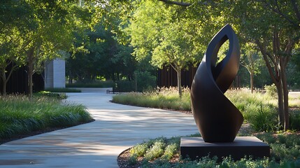 Modern City Park with Sculptures and Walking Paths – Urban Landscape Design