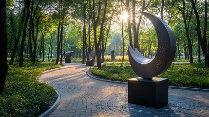 Modern City Park with Sculptures and Walking Paths – Urban Landscape Design